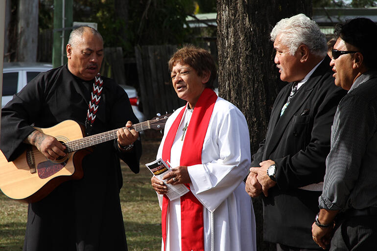 That's Rawiri Toko, with the guitar, alongside The Rev Erroline Anderson and Tu Tawha Thompson. That's Rawiri Toko, with the guitar, alongside The Rev Erroline Anderson and Tu Tawha Thompson.