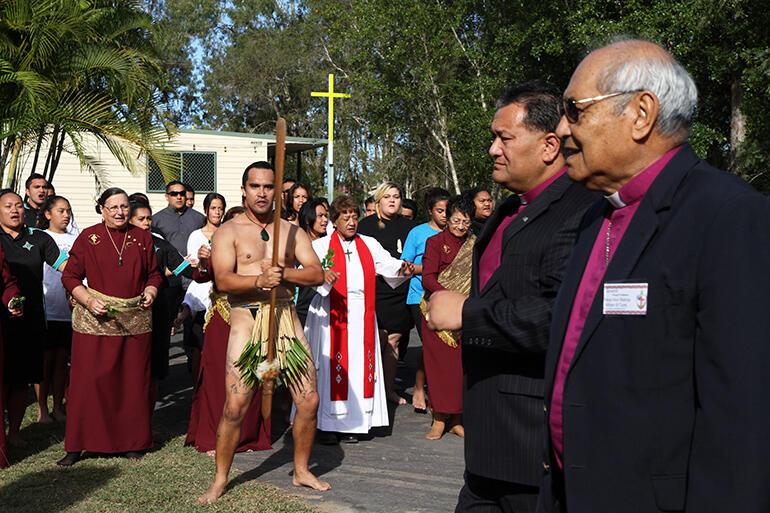 The wero accepted, Bishop Kito Pikaahu and Archbishop Brown Turei lead the manuhiri on to the makeshift marae. The wero accepted, Bishop Kito Pikaahu and Archbishop Brown Turei lead the manuhiri on to the makeshift marae.