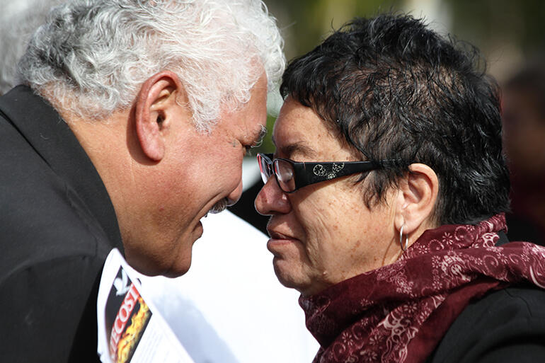 Tu Tawha Thompson exchanges the hongi with The Rev Canon Jacqui Te Amo, of Tai Rawhiti. Tu Tawha Thompson exchanges the hongi with The Rev Canon Jacqui Te Amo, of Tai Rawhiti.