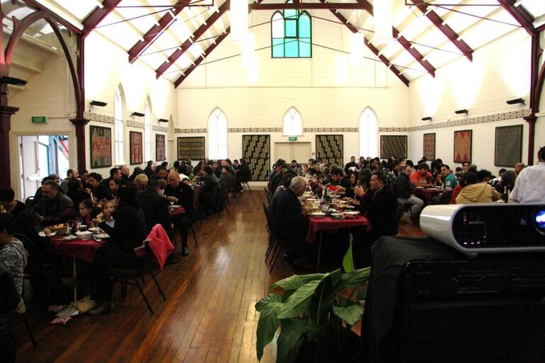 Another angle on the hakari in the newly blessed marae at Tatai Hono. Note the new tukutuku work.