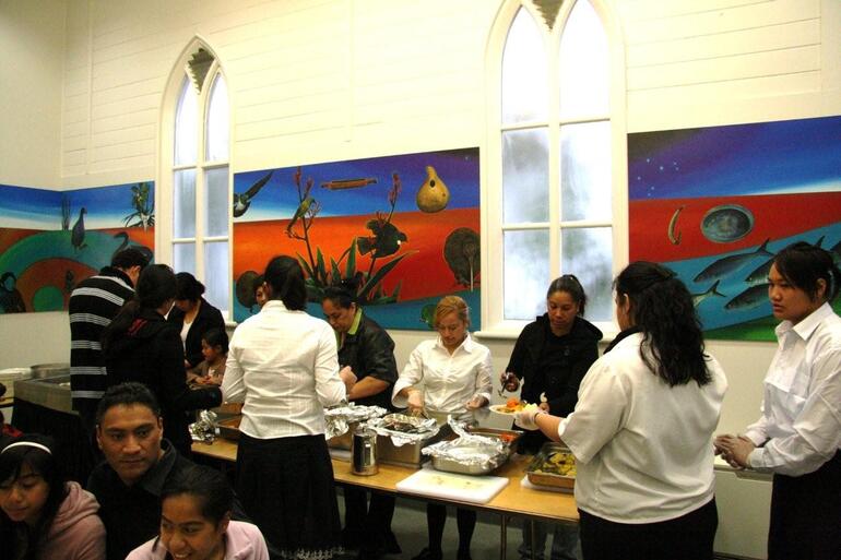 The refurbished kitchen, with its new art by Theresa Reihana.