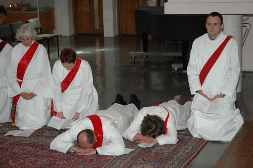 Wellington ordinands prostrate themselves as the Holy Spirit is invoked. Photo/Jay Berryman Wellington ordinands prostrate themselves as the Holy Spirit is invoked. Photo/Jay Berryman