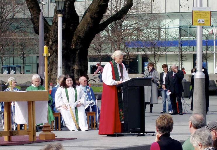 Bishop Victoria Matthews delivers her pastoral letter during the open-air service in Cathedral Square on Sunday morning.
