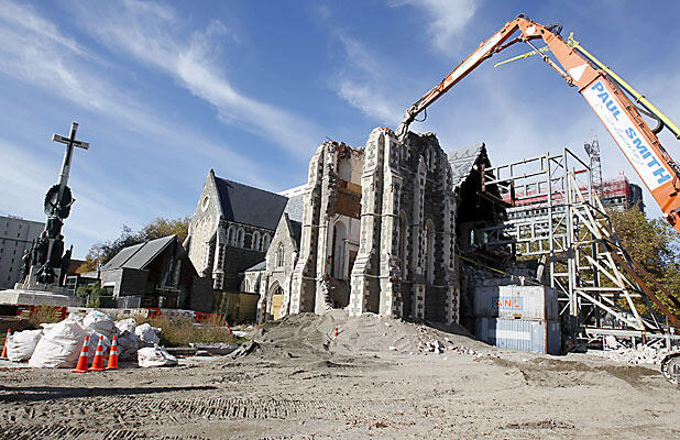 A crane nibbles at the tower of ChristChurch Cathedral. Photo: John Kirk-Anderson/The Press