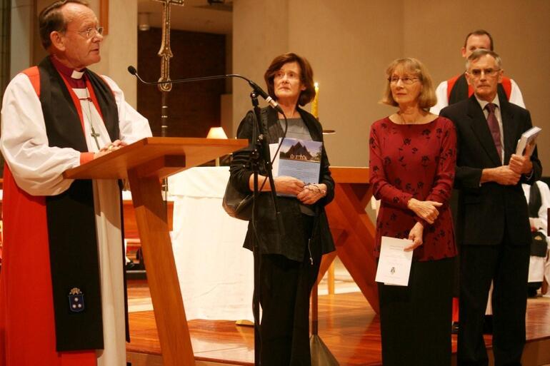 Bishop John Paterson, the driving force behind the history, seen here with Adrienne Puckey, Margaret McLure and Allan Davidson.