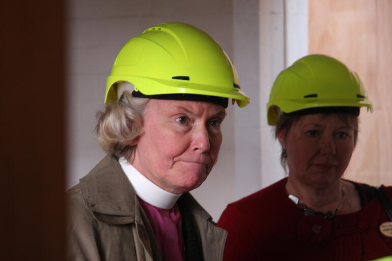 Bishop Victoria and Anglican Aged Care Director Alison Jephson listen as the structural engineer gives his verdict.