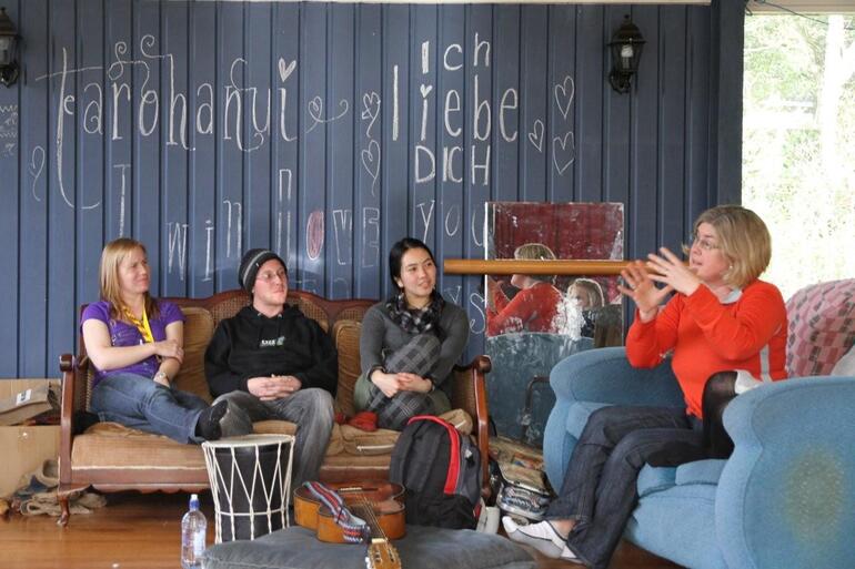 Kaz listens to Karen Spoelstra at last year's Tikanga Pakeha Youth Forum, which was held at Ngatiawa, near Waikanae.