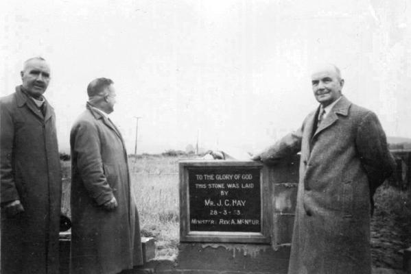 The Rev A. McNeur (left) and Mr J.C. Hay (right) at the March 28, 1953 laying of the foundation stone for the Morven Sunday school hall.