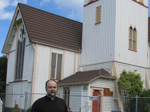 Rev Andy Carley outside St Paul's, Papanui.