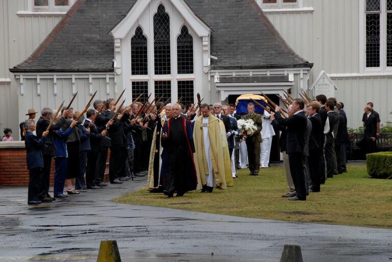 Ed Hillary's funeral party leaves St Mary's, January 2008. Dean Ross is in the yellow cope, with head bowed.