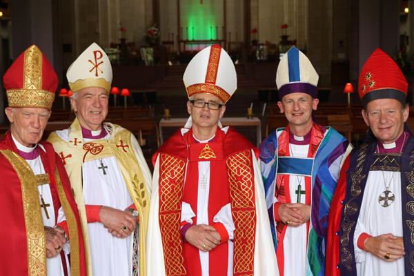 Auckland bishops, past and present: L-R: Bruce Moore, Richard Randerson, Jim White, Ross Bay and John Paterson.