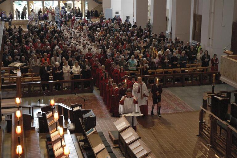 Processing into St Paul's Cathedral at the start of Wellington's sesqui celebration.