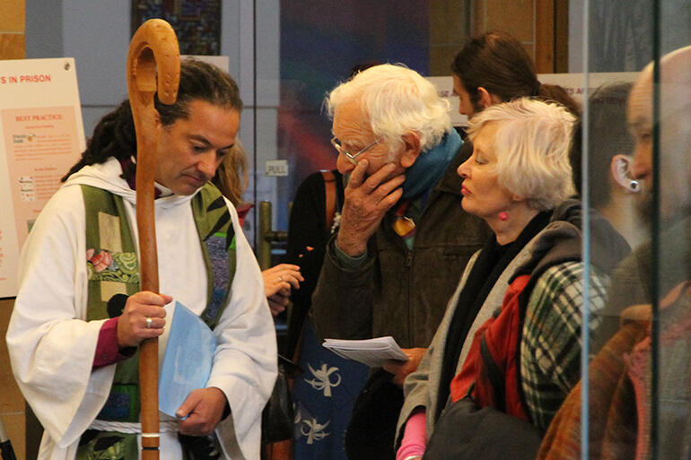 After the Eucharist, Bishop Justin talks with some of the 60-strong congregation.