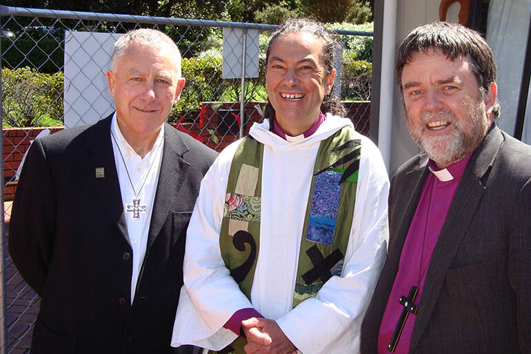 Lighter moments: Archbishop John, Bishop Justin and Archbishop Philip outside Justin's cell.