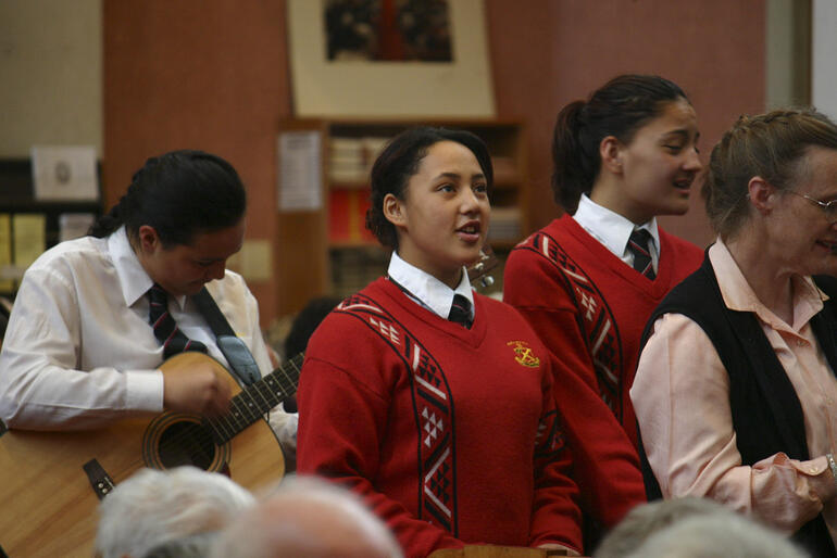 Hukarere girls offer a waiata at David Rice's ordination in Waiapu. Hukarere girls offer a waiata at David Rice's ordination in Waiapu.