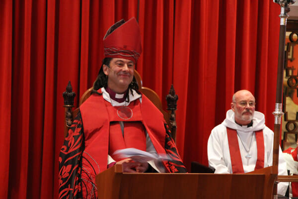 Bishop Justin enthroned in Wellington's Anglican cathedra.