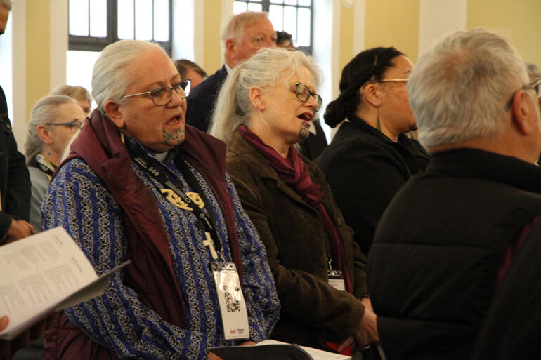 Rev Wendy Heath and Prof Māmari Stephens sing himene during the midday Eucharist yesterday.