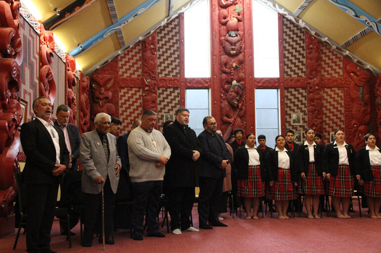 Archbishop Don Tamihere and Pihopatanga leaders join mana whenua in song during the AILI pōwhiri. Archbishop Don Tamihere and Pihopatanga leaders join mana whenua in song during the AILI pōwhiri.