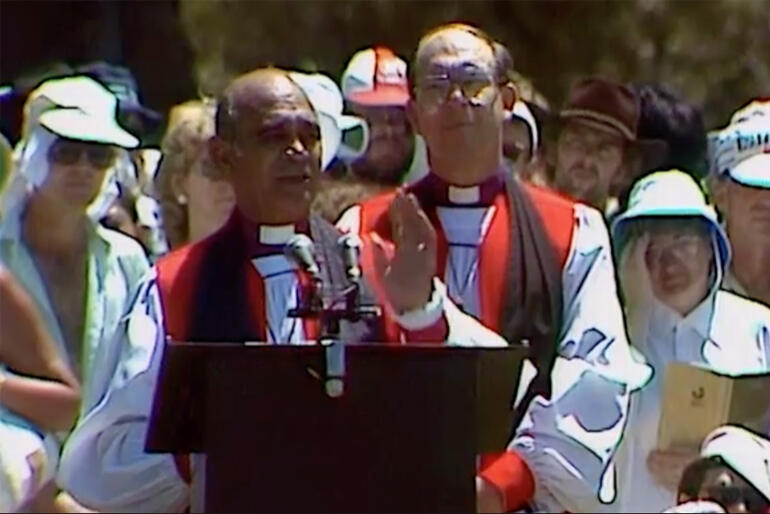 Former Bishop of Aotearoa Most Rev Whakahuihui Vercoe speaks to HM Queen Elizabeth II at the 1990 sesquicentennial celebrations at Waitangi.