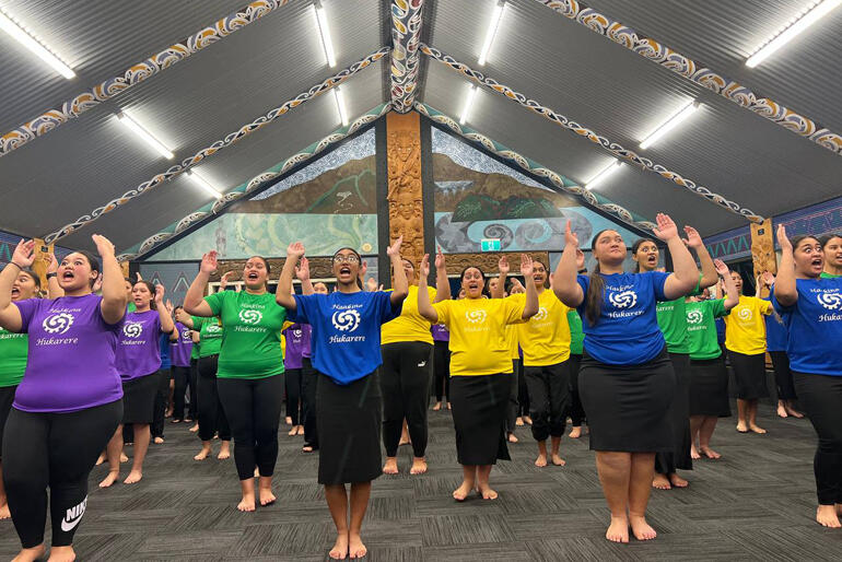 Hukarere Girls' practice kapa haka during their May '23 wānanga on the history and Mihinare whakapapa of Hukarere.