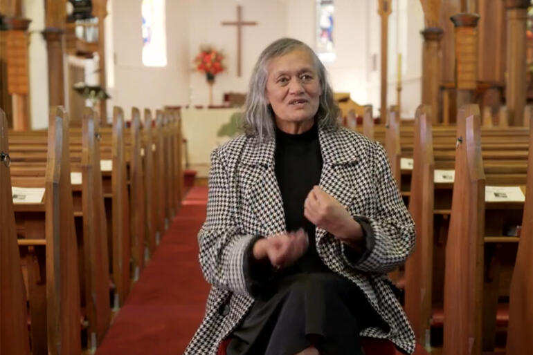 Interim Principal Caron Taana speaks inside the church at St Luke's Havelock North, marvelling at some students' resilience.