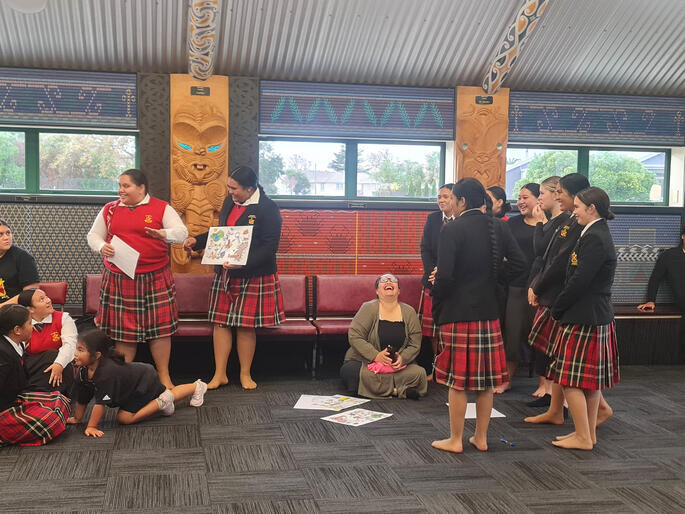 Kōhine present their groups' findings during a full school wānanga at Pukemokimoki Marae in Napier this May.