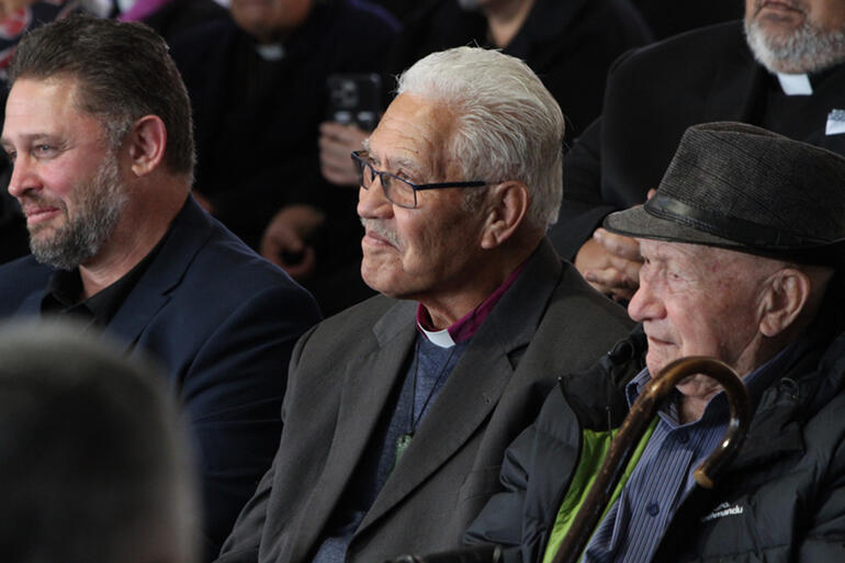 Colin Bennett and Pīhopa Ngarahu Katene smile at a comment from one of the speakers. Colin Bennett and Pīhopa Ngarahu Katene smile at a comment from one of the speakers.