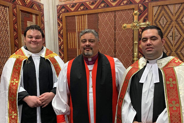 Rev Zhane and Rev Canon Chris line up with Archbishop Don Tamihere during a video shoot at Holy Trinity Gisborne.