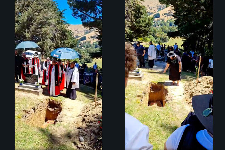Archbishop Sione Uluilakepa offers prayers in Tongan to farewell +Richard, Susan Wallace lays earth in her father's grave.