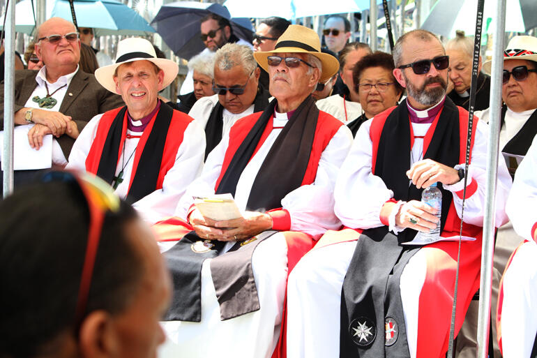 Sir Selwyn Parata, Bishop Peter Carrell, Bishop Ngarahu Katene and Bishop Andrew Hedge listen to the eulogies.