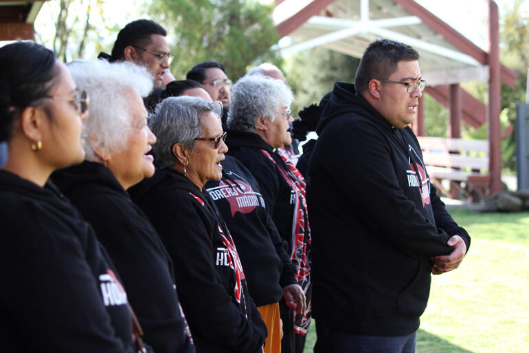 Members of Te Hui Amorangi o Te Manawa o Te Wheke sing in support of Bishop Ngarahu Katene's korero. Members of Te Hui Amorangi o Te Manawa o Te Wheke sing in support of Bishop Ngarahu Katene's korero.