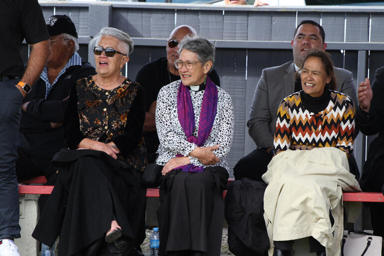 Rev Numia Tomoana sits smiles amongst the tangata whenua side as Herewini Parata speaks. Rev Numia Tomoana sits smiles amongst the tangata whenua side as Herewini Parata speaks.