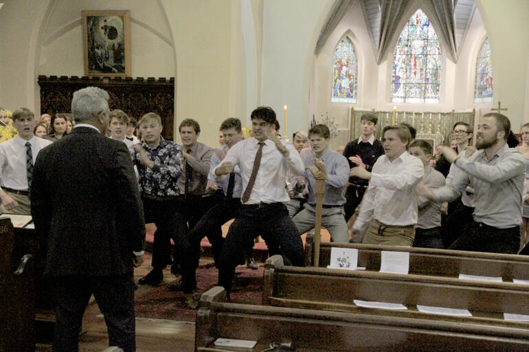 The men of Te Maru Pūmanawa - Selwyn College present the haka revised by Bishop Muru Walters.