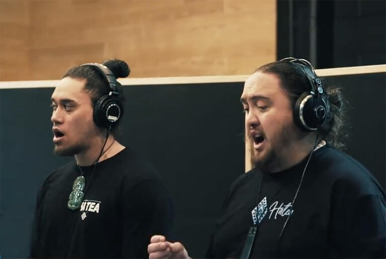 L-R: Lewis Tapene and Otene Hopa cover the tenor section in Himene 8 for the Tai Tokerau Himene Project.