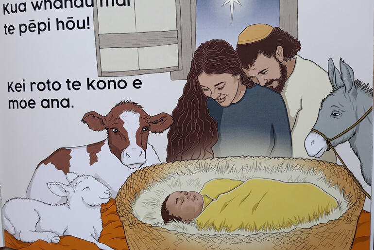 A page from 'Te Harinui - Te Whanautanga mai a Ihu Karaiti' nativity picture book offers a taste of the resources Te Aka is planning to produce.