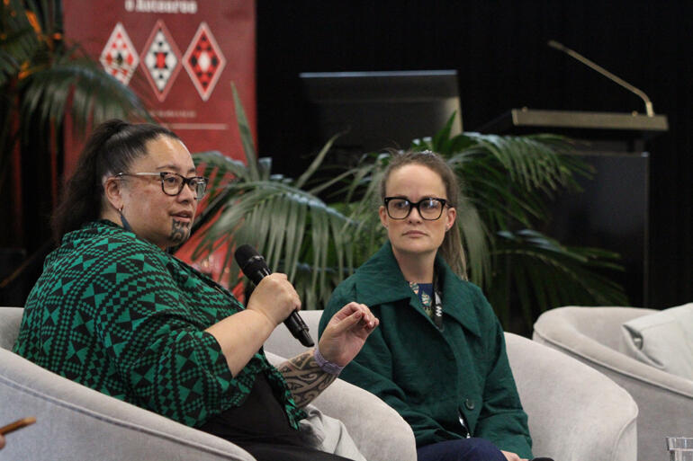 Archdeacon Susan Wallace speaks on the future of Gospel-centred mātauranga-led education as Dr Emily Colgan looks on. Archdeacon Susan Wallace speaks on the future of Gospel-centred mātauranga-led education as Dr Emily Colgan looks on.