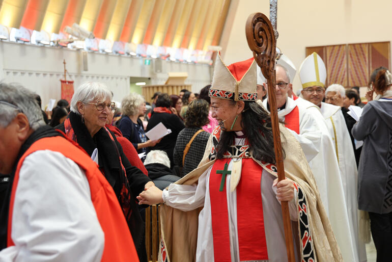 Bishop Susan greets Anne Candy from Te Hui Amorangi ki te Tai Tokerau on her way out of the Cathedral.