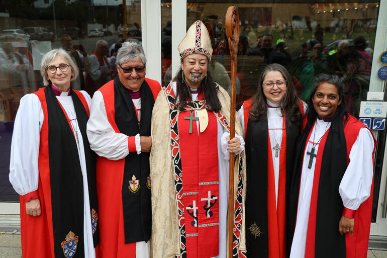 Bishops L-R: Abp Kay Goldsworthy, Bp Waitohiariki Quayle, Bp Susan Wallace, Abp Marinez Bassotto and Bishop Anashuya Fletcher.