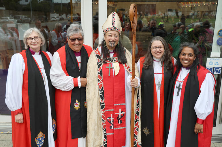 L-R: Abp of Perth Kay Goldsworthy, Bishop Waitohiariki Quayle, Bishop Susan Wallace, Archbishop of Brazil Marinez Bassotto, Bishop Anashuya Fletcher.