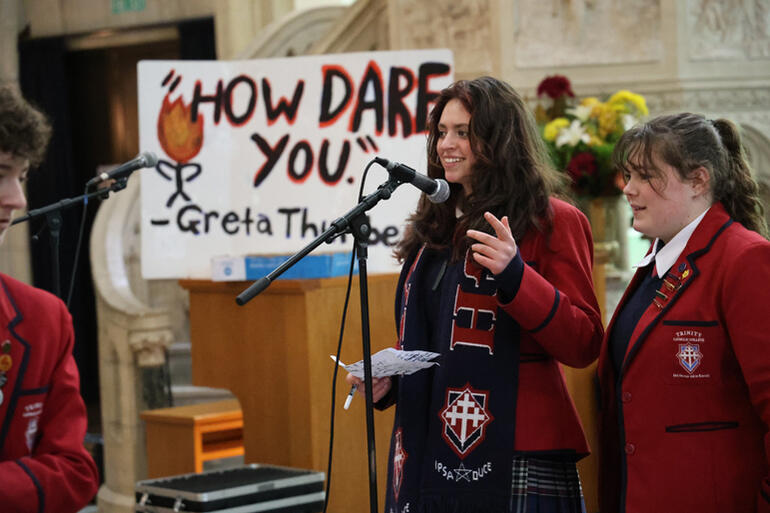 School Strike for Climate leaders Theodora Clarke-Wallace and Evie Dummer lead chants at St Paul's Cathedral 31 July 2026.