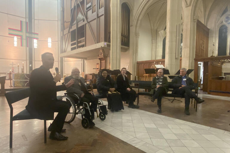 L-R: M Wallace & panellists: Wiremu Quedley, Mere Montgomery, Tessa Campbell, Michael Hughes & Frank Nelson. L-R: M Wallace & panellists: Wiremu Quedley, Mere Montgomery, Tessa Campbell, Michael Hughes & Frank Nelson.