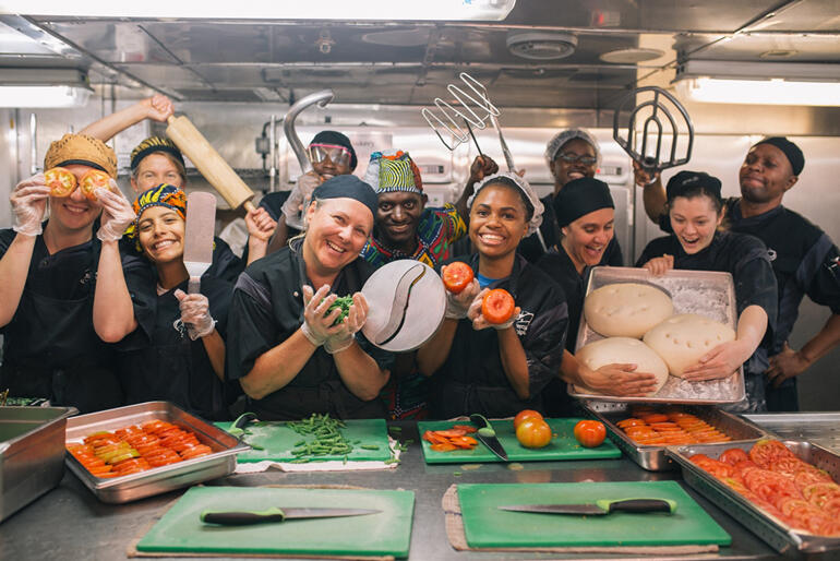 Galley crew on board a Mercy Ship come from as many nations as the rest of the crew.