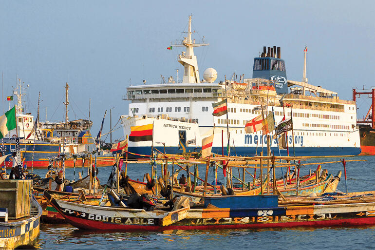 The 'Africa Mercy' hospital ship where Auckland Anglican Alfred Luther spent his summer managing the galley rests in dock. 