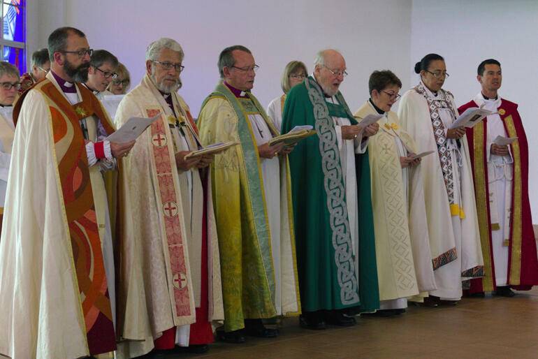 Bp Andrew Hedge, Bp Ngarahu Katene, Bp John Paterson and Bp George Connor join archdeacons to honour and remember Bishop Jim.