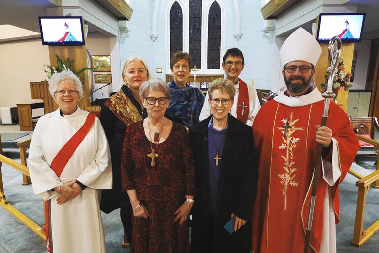 Front L-R: Rev Sybil Gibson, Gail Spence, Mary Dunn, Bishop Andrew Hedge. Back:Jennifer Whyman, Hanlie Viljoen & Rev Mary Rowlands.