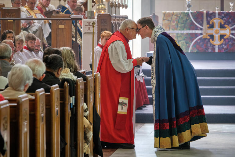 Bishop Richard Wallace welcomes Dean Tony Curtis on behalf of the Pihopatanga o Te Waipounamu. © David Sutton, 2020.