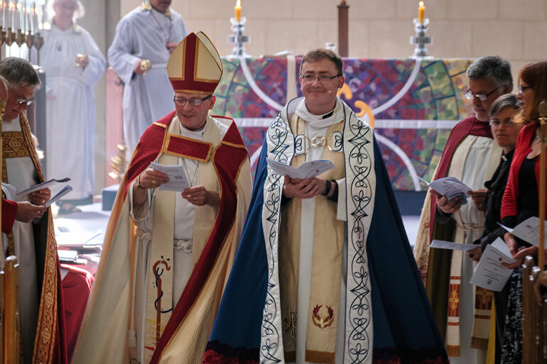 Dean Tony Curtis greets diocesan supporters and parishioners at St Paul's Cathedral, Dunedin.© David Sutton, 2020.