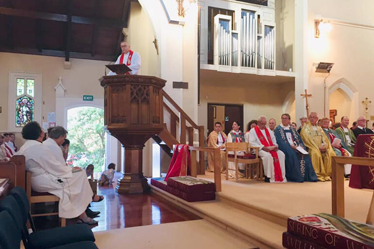 Former Dean of Wellington, Rev Digby Wilkinson preaches at Dean Wendy's installation.