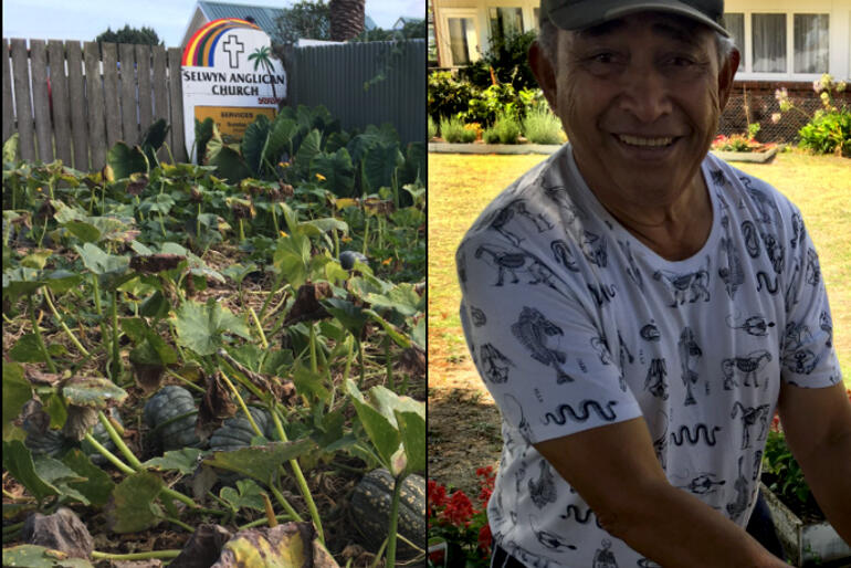 Maloaufaatasi Tuilaepa with one of the food producing gardens he has led Selwyn Anglican Church in Mangere East to make from seldom-used lawn space.
