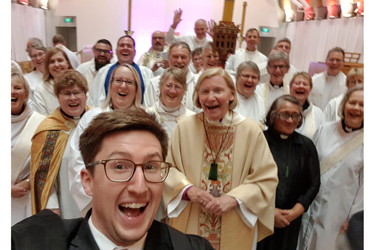 Surprise! The Diocese of Christchurch's Alex Summerlee leaps into the frame to snap a selfie ahead of the formal portraits.